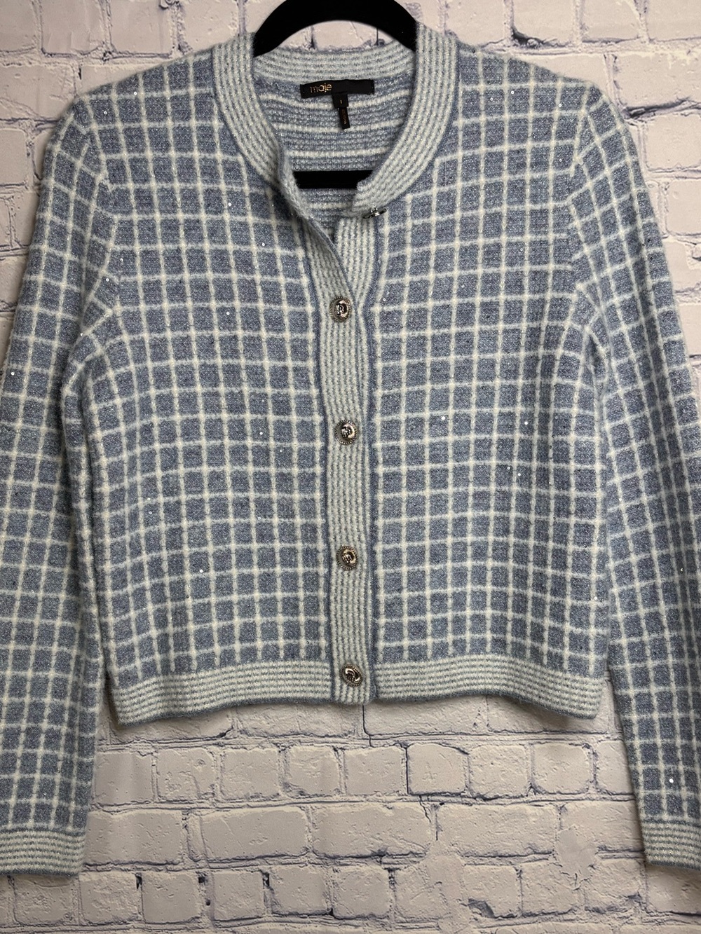 Maje Maloney Sky Blue White Checkered Sequin Classic Cardigan Sweater Sz 1 US S